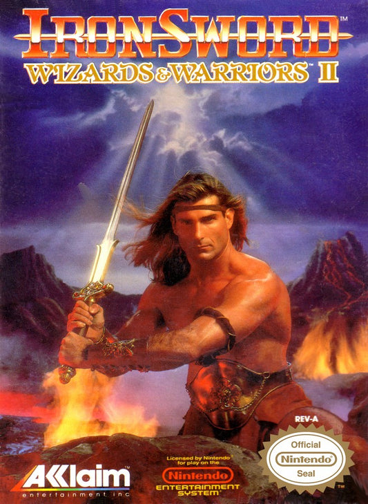 Ironsword Wizards and Warriors II NES Nintendo Entertainment System action platformer fantasy adventure side scrolling gameplay sword combat enemies bosses Rare retro 8 bit gaming cartridge video game title cover art