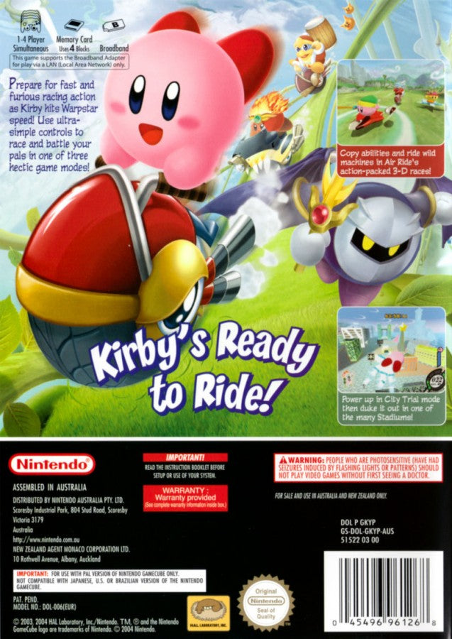 Kirby Air Ride [Player's Choice] back cover art for Nintendo Gamecube racing video game. 