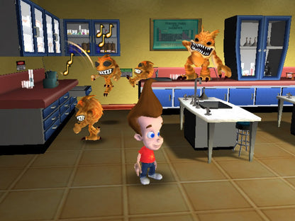 The Adventures of Jimmy Neutron Boy Genius Attack of the Twonkies PlayStation 2 action-adventure platformer video game based on the animated movie snow planet Twonkies creatures Jimmy Sheen Cindy Carl battling collecting THQ Nickelodeon license gameplay screenshot