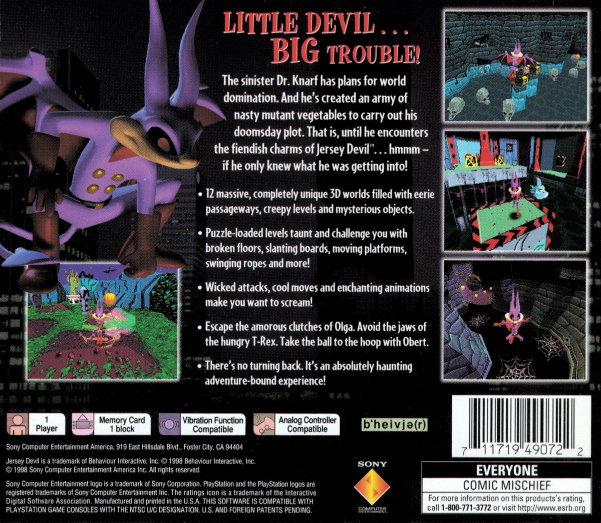 Jersey Devil PlayStation PS1 for action platforming video game fans featuring 3D platform adventure gameplay monster fighting puzzle solving spooky environments cartoon horror style visuals challenging levels unique character abilities classic PlayStation adventure collectible gaming appeal back cover art