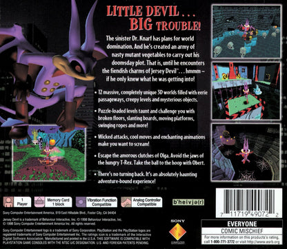 Jersey Devil PlayStation PS1 for action platforming video game fans featuring 3D platform adventure gameplay monster fighting puzzle solving spooky environments cartoon horror style visuals challenging levels unique character abilities classic PlayStation adventure collectible gaming appeal back cover art