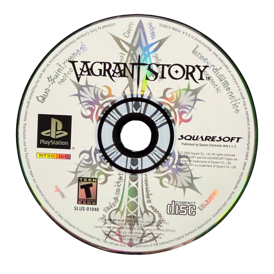Vagrant Story PlayStation PS1 for action role playing video game fans featuring Ashley Riot dark fantasy adventure dungeon exploration real time combat weapon customization item crafting challenging enemies mysterious environments puzzle solving and immersive Square gameplay collectible gaming appeal game disc