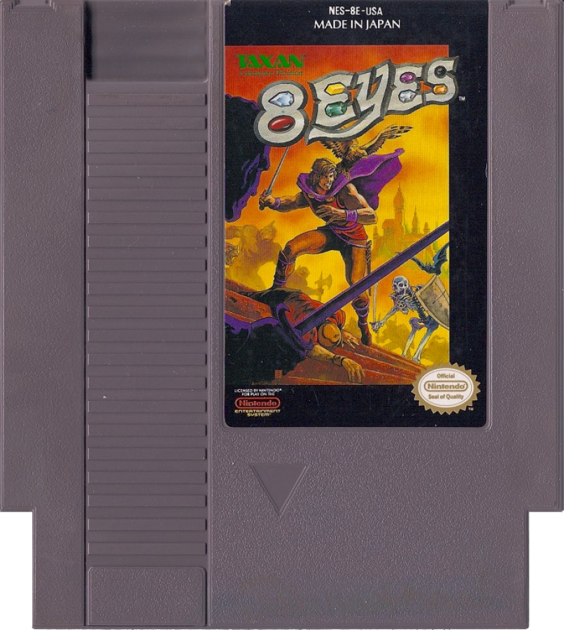 8 Eyes Nintendo Entertainment System NES for action platforming video game fans featuring side scrolling gameplay fantasy adventure sword combat collectible jewels challenging levels cooperative play with the falcon Cutrus classic NES retro gaming collectible appeal game cartridge