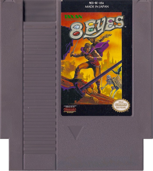 8 Eyes Nintendo Entertainment System NES for action platforming video game fans featuring side scrolling gameplay fantasy adventure sword combat collectible jewels challenging levels cooperative play with the falcon Cutrus classic NES retro gaming collectible appeal game cartridge