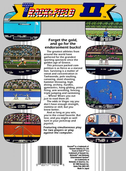 Track and Field II retro NES video game Track and Field sports olympic competition arcade athletics multiplayer mini games classic console title Nintendo Entertainment System release back of case