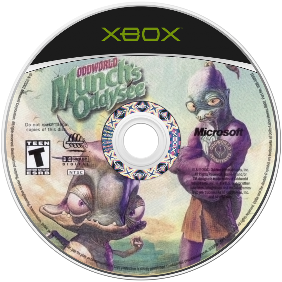 Oddworld Munchs Oddysee retro Xbox video game Oddworld platform adventure puzzle solving quirky alien characters cinematic storytelling action exploration console title Xbox release disc