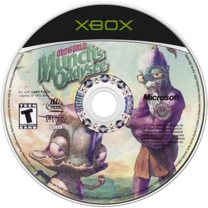 Oddworld Munchs Oddysee retro Xbox video game Oddworld platform adventure puzzle solving quirky alien characters cinematic storytelling action exploration console title Xbox release disc