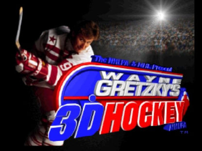 Wayne Gretzky's 3D Hockey Nintendo 64 game featuring fast-paced arcade hockey action on N64 title screen
