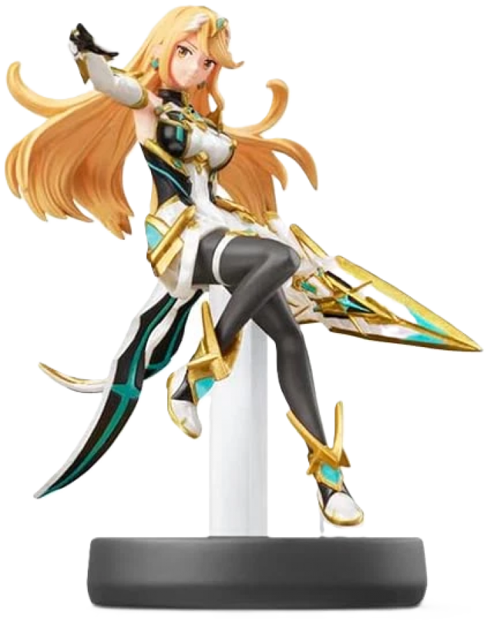 Mythra Amiibo loose featuring Mythra from Xenoblade Chronicles 2 in her white-and-gold armor with her light blade, compatible with Super Smash Bros. bonuses.
