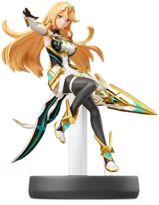 Mythra Amiibo loose featuring Mythra from Xenoblade Chronicles 2 in her white-and-gold armor with her light blade, compatible with Super Smash Bros. bonuses.