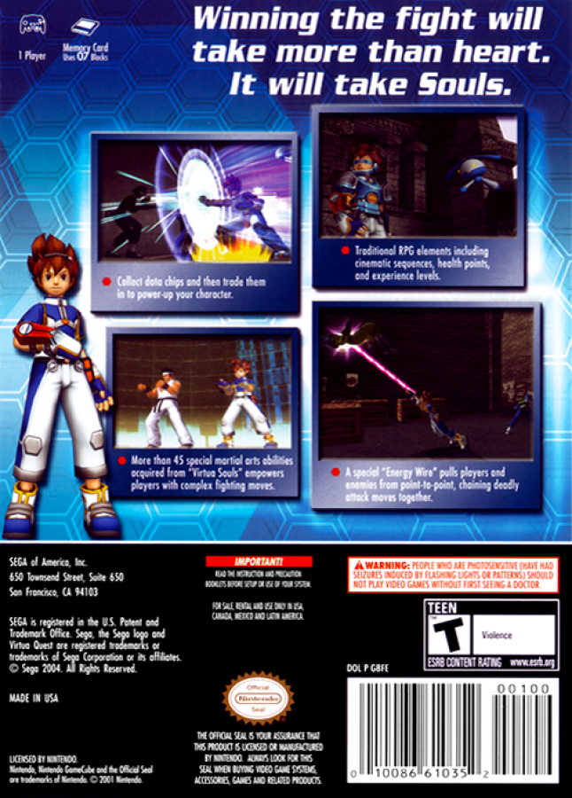 Virtua Quest for GameCube featuring action adventure gameplay set in the Virtua Fighter universe back cover art