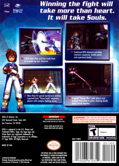 Virtua Quest for GameCube featuring action adventure gameplay set in the Virtua Fighter universe back cover art