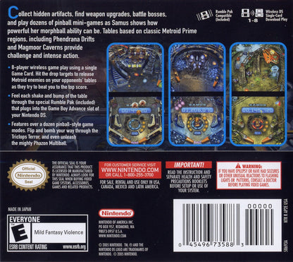 Metroid Prime Pinball game for the Nintendo DS featuring pinball style gameplay with Metroid themed tables boss battles power ups and fast paced arcade action using touch controls back cover art