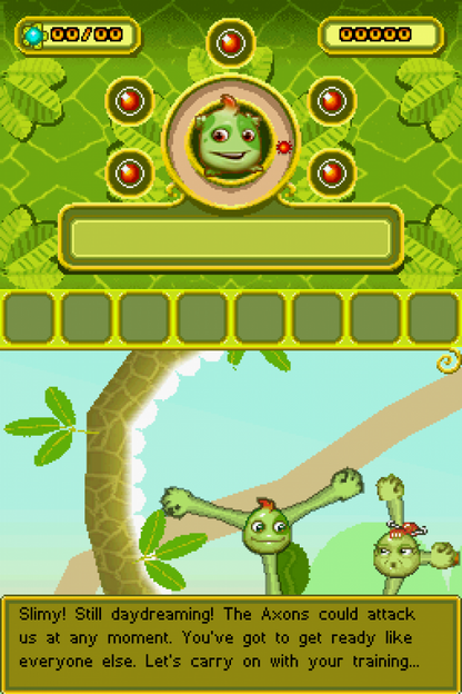 Mister Slime for Nintendo DS, gameplay for a puzzle platformer video game with stretchy physics-based gameplay, obstacle navigation, and stylus-controlled challenges