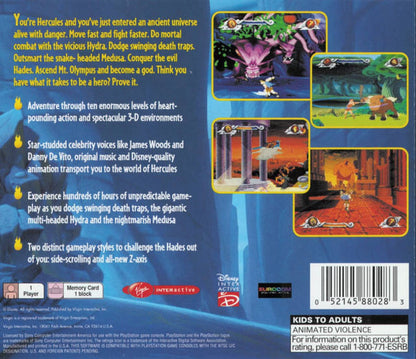 Disney Hercules PlayStation 1 PS1 Virgin Interactive 2D side-scrolling platformer action-adventure based on the animated film levels following Hercules journey Meg Hades Pegasus Phil Pain Panic titans Hydra Greek mythology villain battles puzzle-solving voice clips from the movie Sony PlayStation original classic 90s licensed game back cover