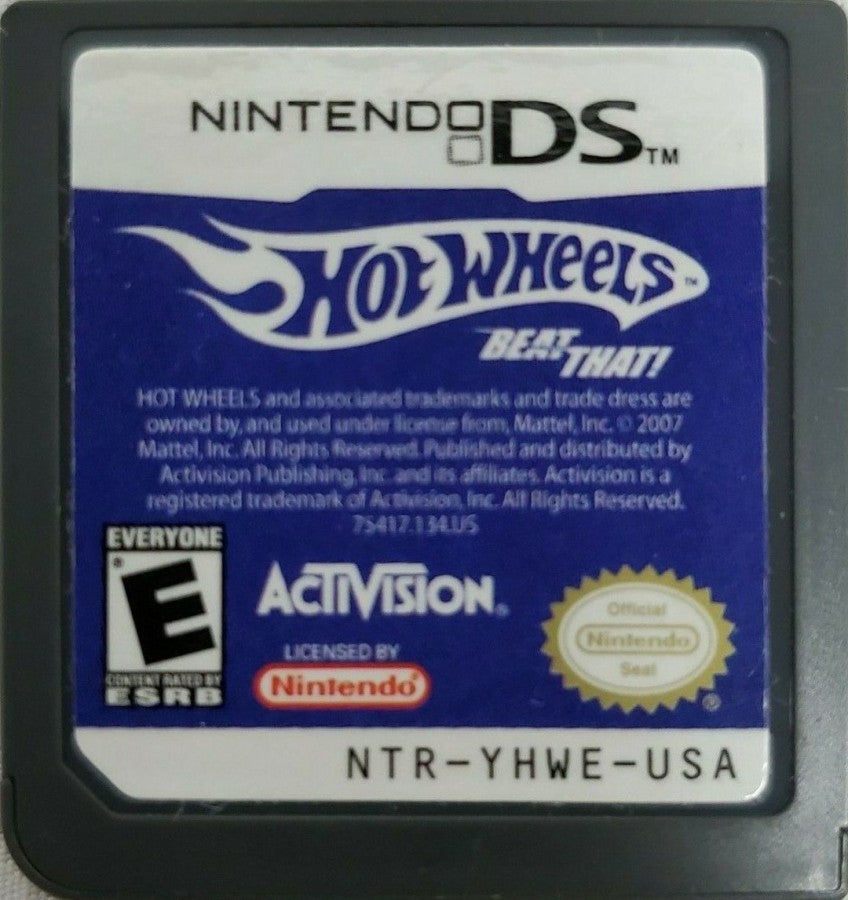 Hot Wheels: Beat That cartridge art for Nintendo DS video game, arcade racing, toy car combat, fast-paced action, handheld console title