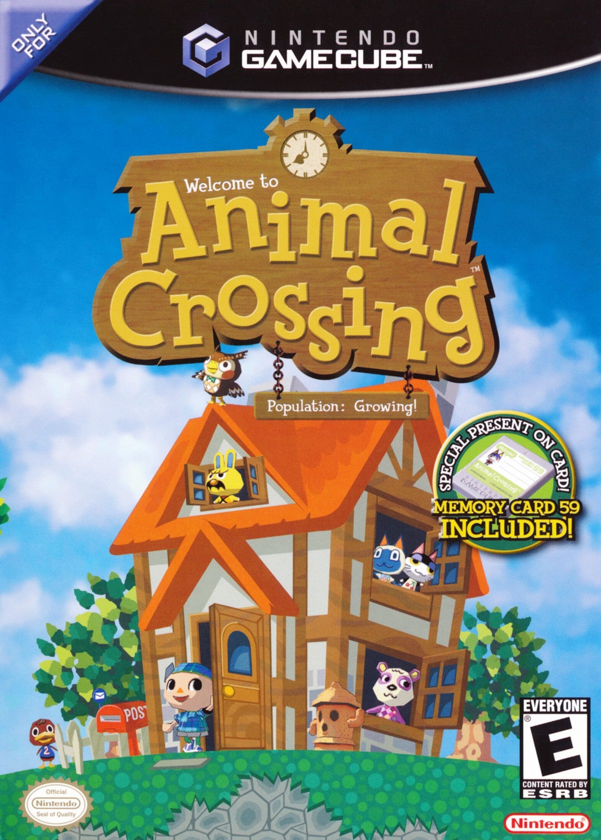 Animal Crossing GameCube life simulation video game Nintendo village living animal neighbors fishing bug catching fossil hunting Tom Nook shop real-time clock social interaction front cover