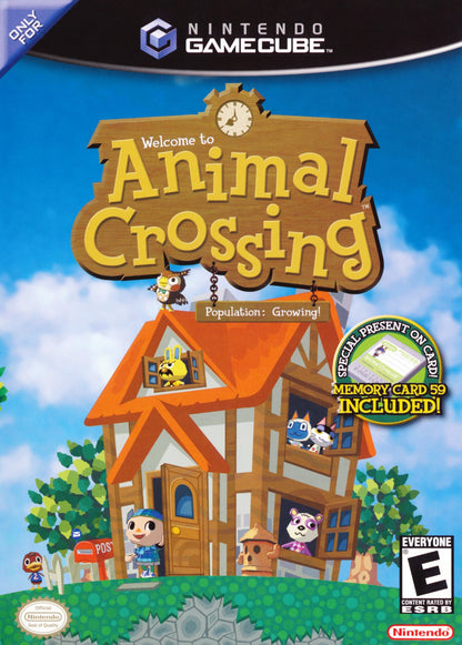 Animal Crossing GameCube life simulation video game Nintendo village living animal neighbors fishing bug catching fossil hunting Tom Nook shop real-time clock social interaction front cover
