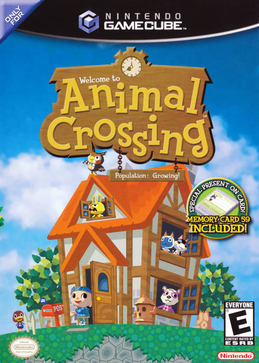 Animal Crossing GameCube life simulation video game Nintendo village living animal neighbors fishing bug catching fossil hunting Tom Nook shop real-time clock social interaction front cover