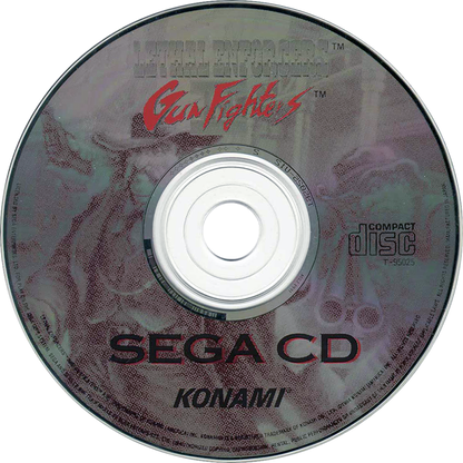 Lethal Enforcers II Gun Fighters Sega CD Sega CD light gun shooter western themed arcade shooting cowboy outlaws train robberies GunCon style aiming Konami FMV style presentation cooperative arcade gameplay retro gaming Sega CD software video game title disc
