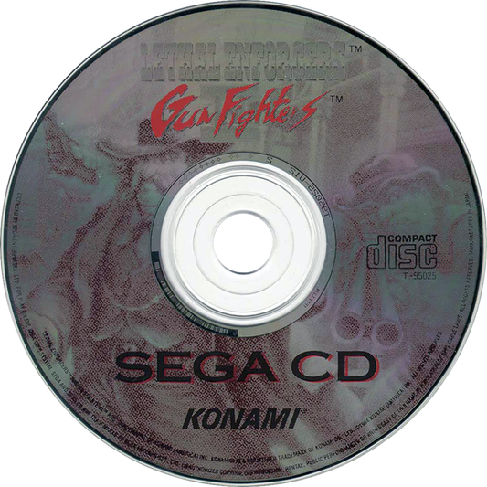 Lethal Enforcers II Gun Fighters Sega CD Sega CD light gun shooter western themed arcade shooting cowboy outlaws train robberies GunCon style aiming Konami FMV style presentation cooperative arcade gameplay retro gaming Sega CD software video game title disc