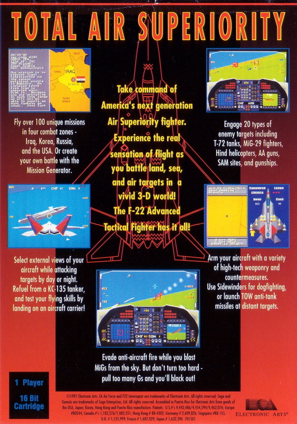 F-22 Interceptor Advanced Tactical Fighter for Sega Genesis, back of case for a combat flight simulation video game with jet fighter missions, aerial dogfighting, military combat, and tactical aviation gameplay