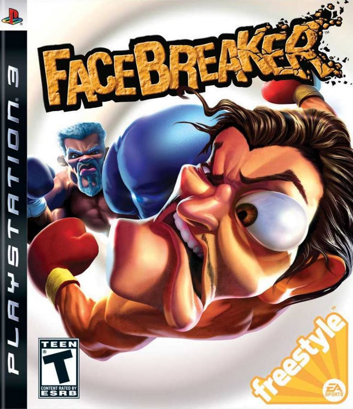 FaceBreaker PlayStation 3 PS3 for retro video game enthusiasts featuring arcade style boxing gameplay exaggerated cartoon inspired fighters fast paced knockout action over the top special moves competitive multiplayer battles and collectible gaming appeal front cover