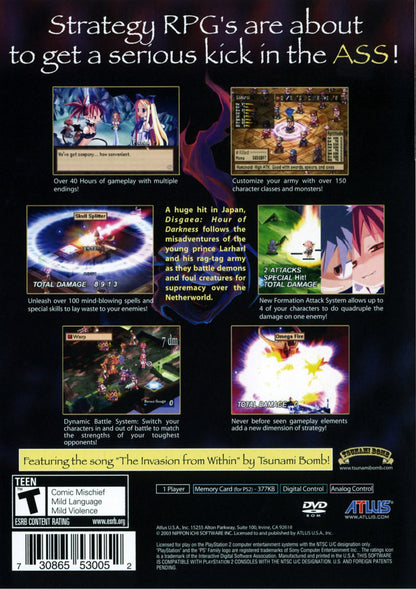 Disgaea Hour of Darkness game for the PlayStation 2 featuring tactical RPG gameplay with grid based battles deep character leveling humorous storylines and over the top mechanics set in the Netherworld starring Laharl and companions cover