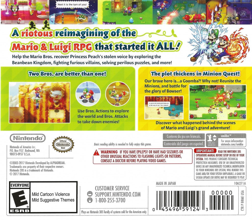 Mario & Luigi: Superstar Saga + Bowser's Minions back of case for Nintendo 3DS (3DS) role-playing video game