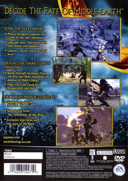 The Lord of the Rings: The Two Towers back cover art for PlayStation 2 video game