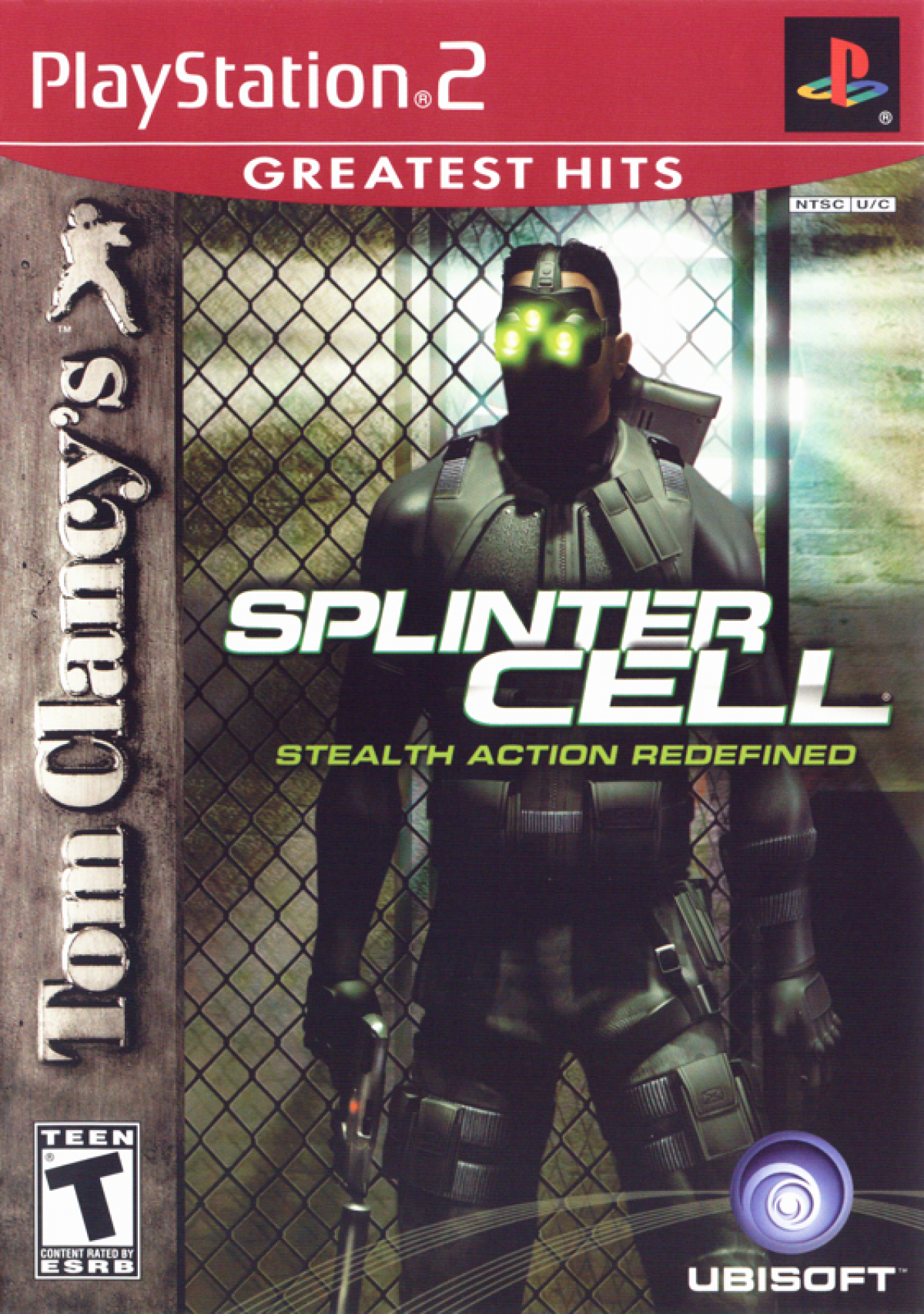 Tom Clancys Splinter Cell Stealth Action Redefined PS2 PlayStation 2 stealth action game tactical espionage infiltration night vision gadget based gameplay retro video game cover art Greatest Hits edition
