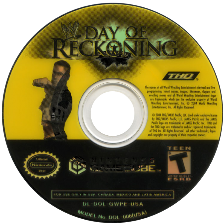 Disc art for WWE Day of Reckoning GameCube GC video game, professional wrestling, fighting simulation, multiplayer, sports entertainment, Nintendo GameCube title