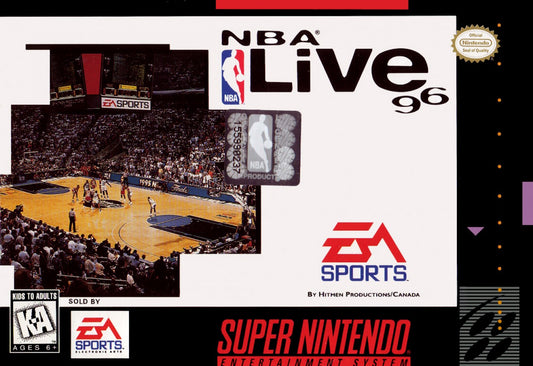 NBA Live 96 Super Nintendo Entertainment System SNES basketball simulation video game EA Sports full season mode box scores player rosters 90s sports video game front box cover