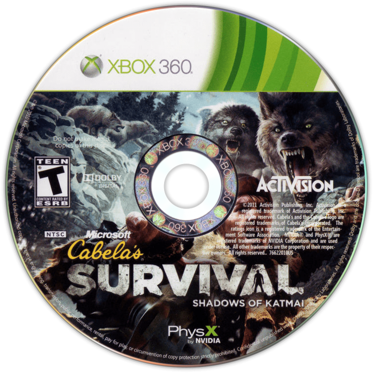 Cabela’s Survival Shadows of Katmai Xbox 360 cover art for retro video game enthusiasts featuring wilderness survival gameplay first person hunting mechanics harsh Alaskan environments resource gathering tracking wildlife dangerous encounters and immersive outdoor survival adventure experience and collectible gaming appeal disc