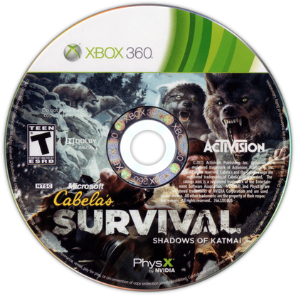 Cabela’s Survival Shadows of Katmai Xbox 360 cover art for retro video game enthusiasts featuring wilderness survival gameplay first person hunting mechanics harsh Alaskan environments resource gathering tracking wildlife dangerous encounters and immersive outdoor survival adventure experience and collectible gaming appeal disc