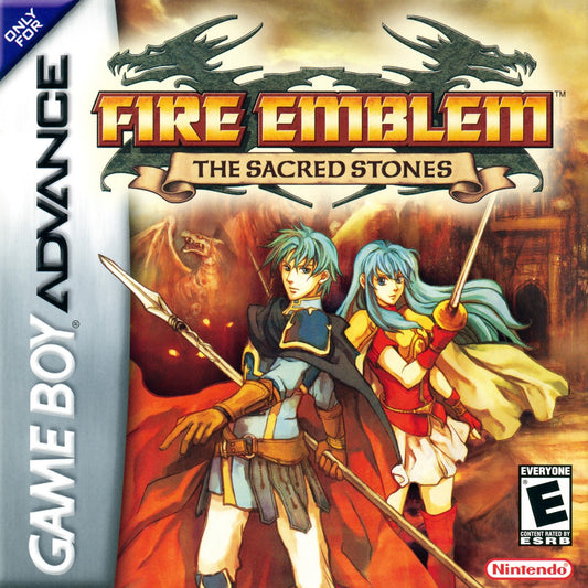 Fire Emblem: The Sacred Stones cartridge for the Game Boy Advance featuring tactical RPG gameplay with grid based battles character recruitment permadeath mechanics and a fantasy storyline set in the continent of Magvel cover art