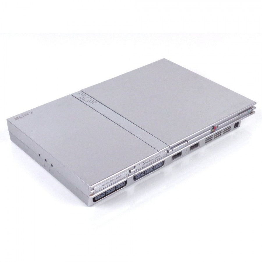 Silver Sony PlayStation 2 Slim console retro gaming system top view