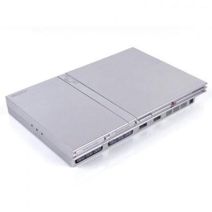 Silver Sony PlayStation 2 Slim console retro gaming system top view