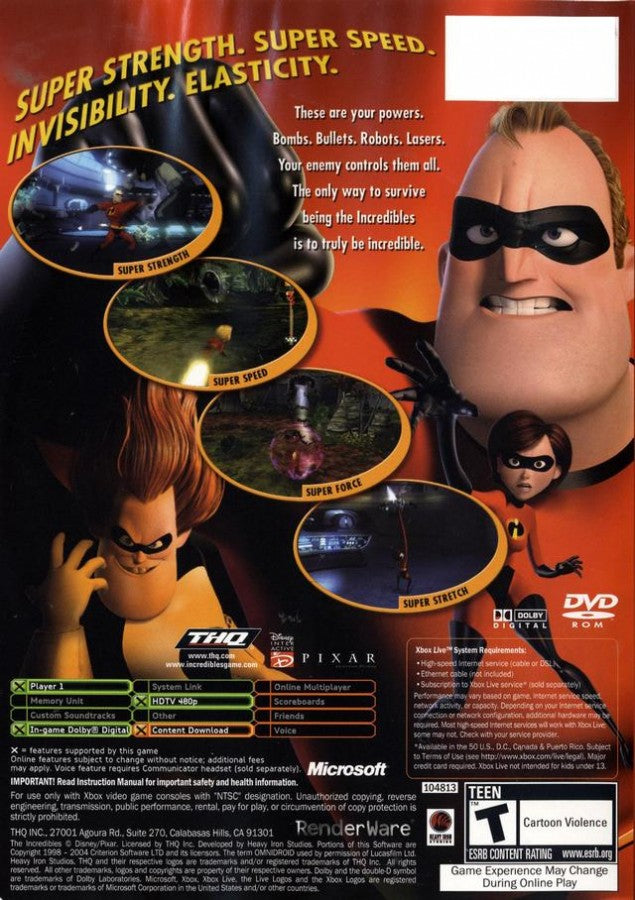 Disney Pixar The Incredibles Xbox action-adventure video game based on the animated film superhero family Mr Incredible Elastigirl Dash Violet Frozone crime fighting levels Syndrome omnidroid villain cooperative gameplay THQ Pixar license cel-shaded graphics super powers puzzle platforming back cover