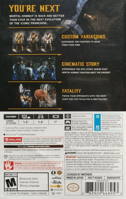 Mortal Kombat 11 back cover art for Nintendo Switch (NS). A cinematic, fast‑paced fighting game featuring a large roster, brutal combat styles, and story‑driven battles across multiple timelines. 