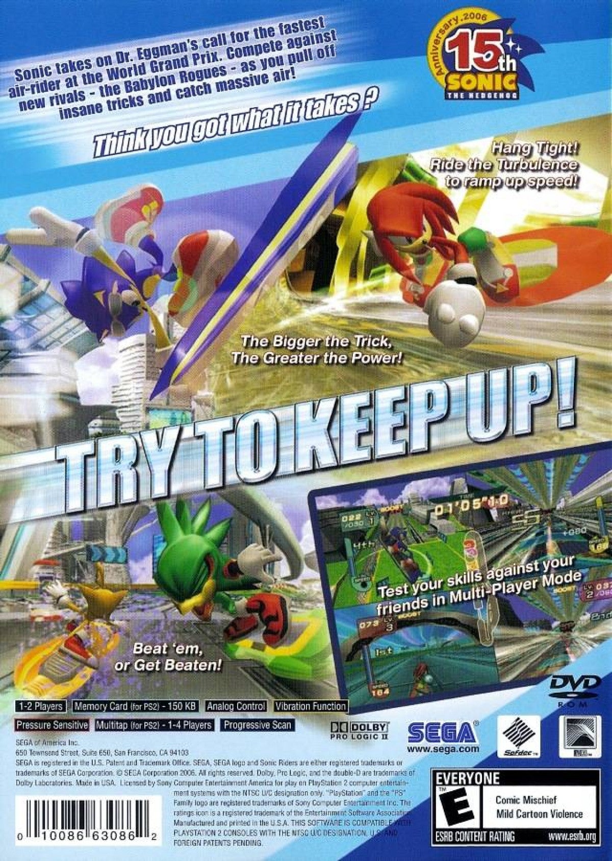 Sonic Riders – PlayStation 2 (PS2) video game back of case, arcade racing.