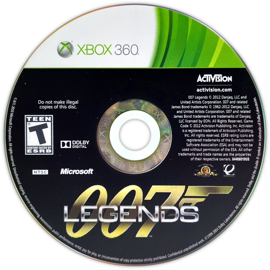 007 Legends Xbox 360 X360 video game featuring first person shooter action gameplay James Bond secret agent missions spy espionage combat iconic Bond villains stealth operations weapon gadgets high stakes objectives cinematic action sequences classic James Bond movie inspired missions and multiplayer combat retro video game collection collectible gaming appeal disc