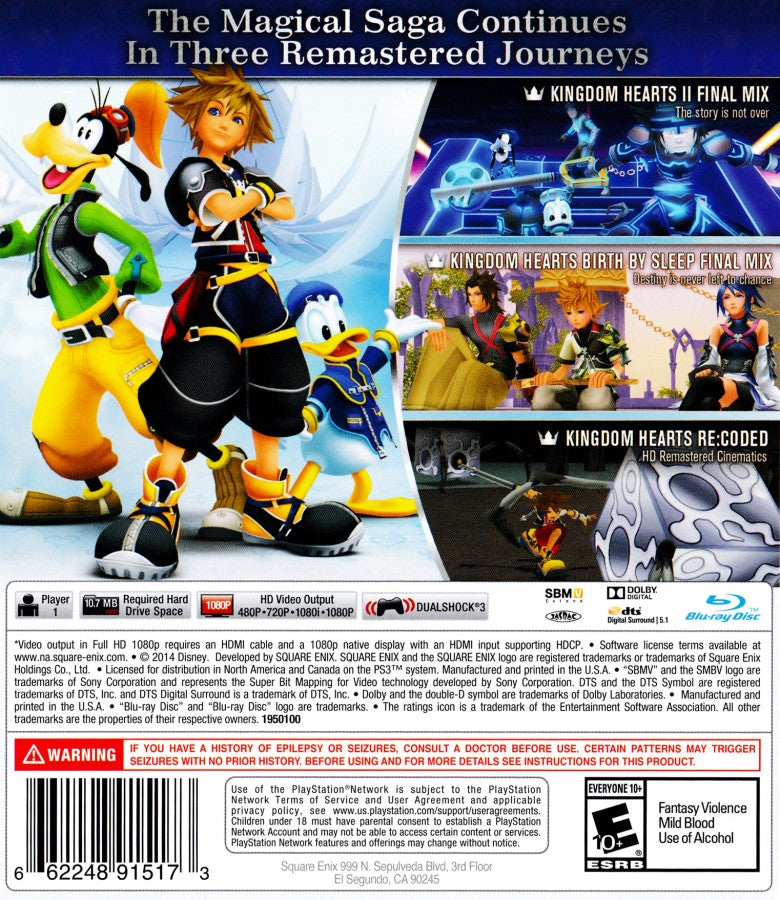 Kingdom Hearts HD 2.5 Remix PlayStation 3 high-definition compilation collection containing Kingdom Hearts II Final Mix Kingdom Hearts Birth by Sleep Final Mix and Kingdom Hearts Re:coded cinematic remastered action RPG Square Enix Disney worlds Sora Ventus Aqua Terra keyblade combat Heartless Organization XIII back cover