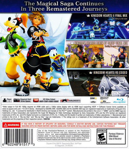 Kingdom Hearts HD 2.5 Remix PlayStation 3 high-definition compilation collection containing Kingdom Hearts II Final Mix Kingdom Hearts Birth by Sleep Final Mix and Kingdom Hearts Re:coded cinematic remastered action RPG Square Enix Disney worlds Sora Ventus Aqua Terra keyblade combat Heartless Organization XIII back cover