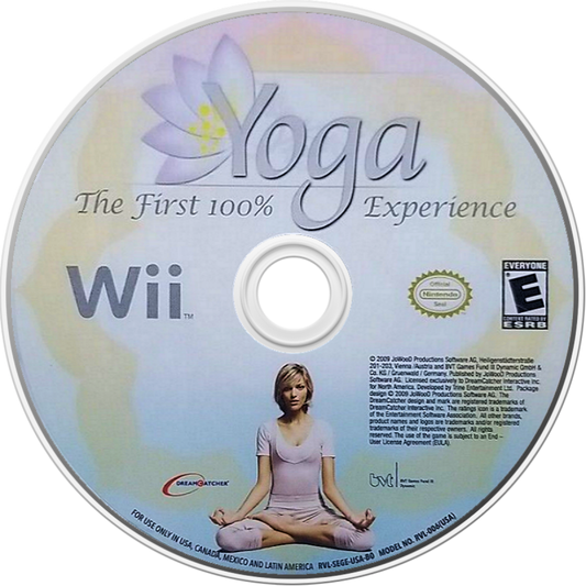 Yoga disc art for Nintendo Wii (Wii) featuring guided yoga routines with motion‑based controls, relaxing environments, and exercises designed to improve balance, flexibility, and mindfulness.