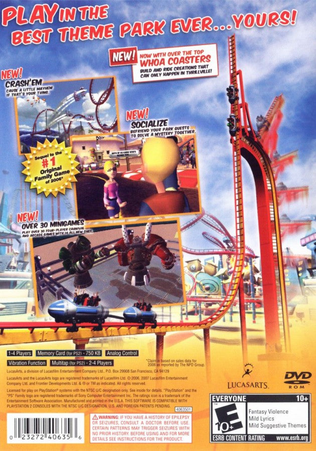 Thrillville Off The Rails – PlayStation 2 (PS2) video game back of case, theme park management and simulation.