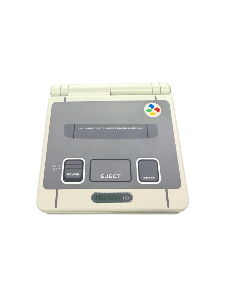 Game Boy Advance SP Super Famicom shell handheld gaming system featuring a custom Super Famicom inspired shell design with a frontlit clamshell screen rechargeable battery and compatibility with Game Boy Advance and Game Boy Color games
