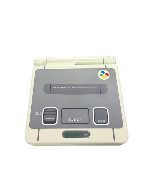Game Boy Advance SP Super Famicom shell handheld gaming system featuring a custom Super Famicom inspired shell design with a frontlit clamshell screen rechargeable battery and compatibility with Game Boy Advance and Game Boy Color games