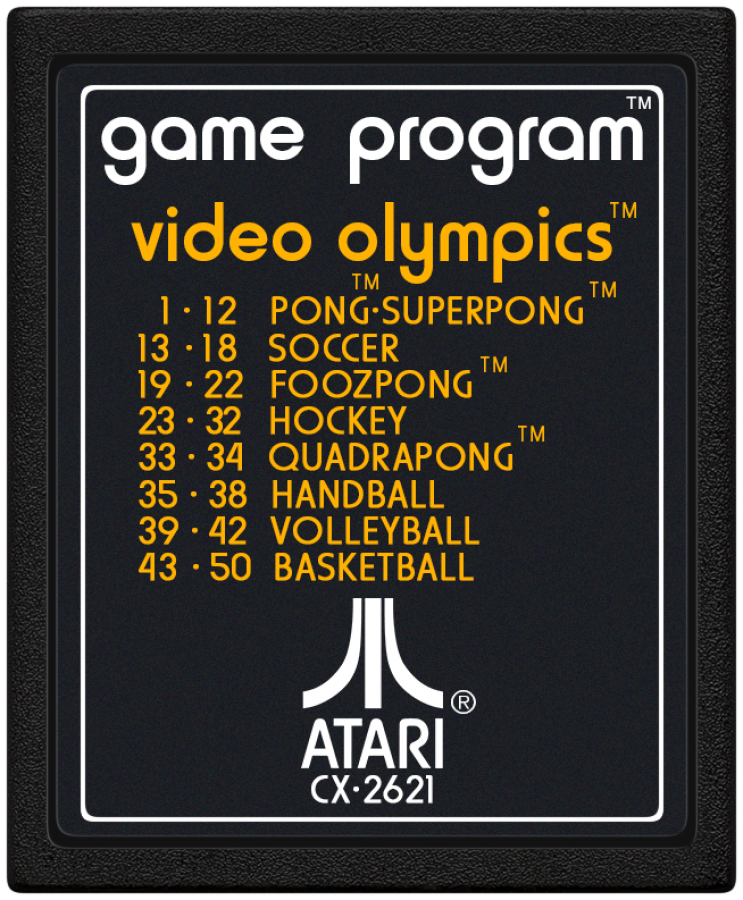 Video Olympics Text Label for Atari 2600, cartridge for a sports arcade video game with Pong-style gameplay, paddle controls, multiplayer modes, and classic bat-and-ball competition