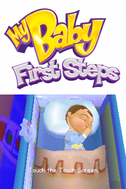 My Baby First Steps for Nintendo DS (DS),title screen for a retro video game featuring baby care simulation gameplay, nurturing activities, mini-games, child development challenges, and family-friendly interactive play